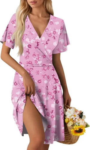 Summer Dresses for Women 2025 Short Flared Sleeve Casual Wrap Dress Sexy V Neck Floral Sundresses for Women