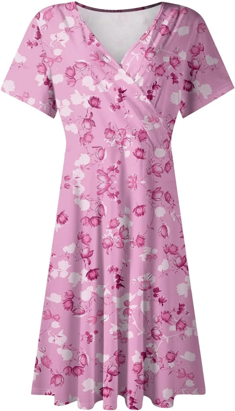 Summer Dresses for Women 2025 Short Flared Sleeve Casual Wrap Dress Sexy V Neck Floral Sundresses for Women