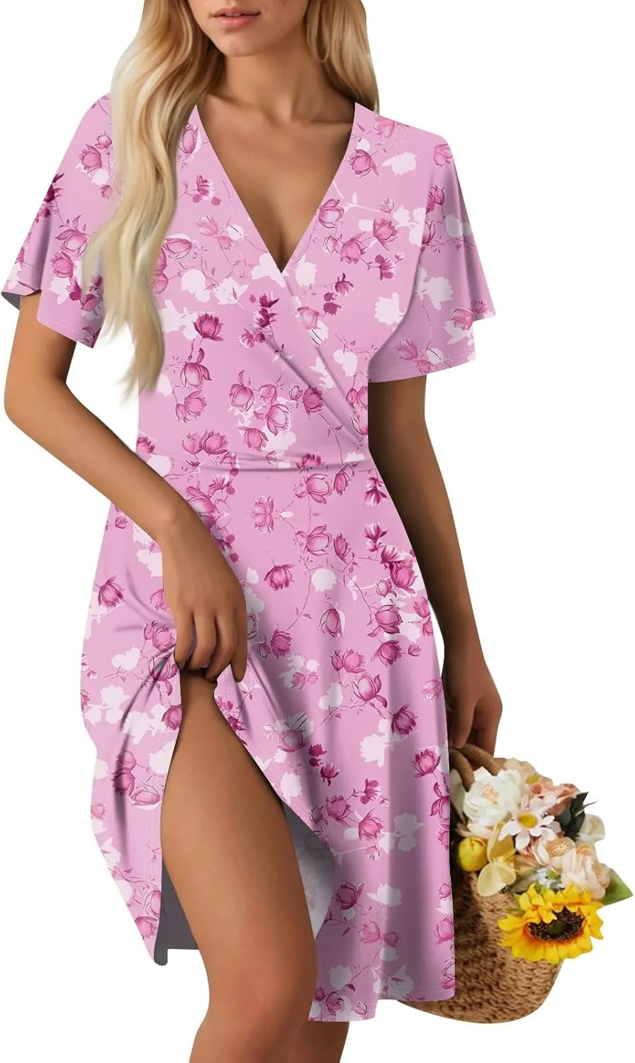 Summer Dresses for Women 2025 Short Flared Sleeve Casual Wrap Dress Sexy V Neck Floral Sundresses for Women