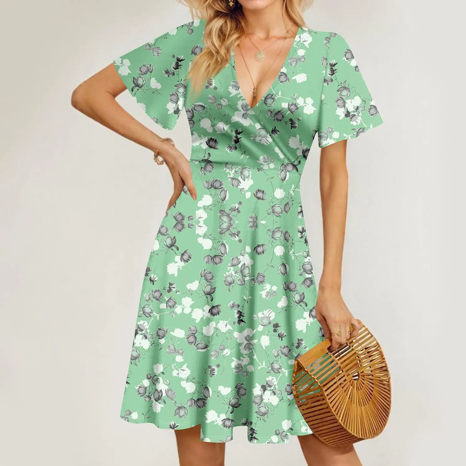 Summer Dresses for Women 2025 Short Flared Sleeve Casual Wrap Dress Sexy V Neck Floral Sundresses for Women