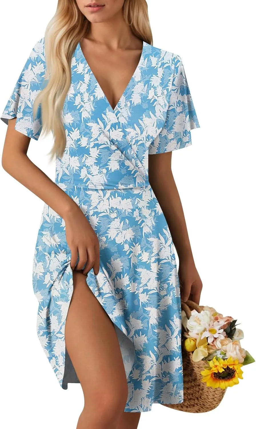 Summer Dresses for Women 2025 Short Flared Sleeve Casual Wrap Dress Sexy V Neck Floral Sundresses for Women