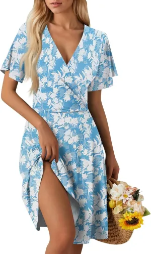 Summer Dresses for Women 2025 Short Flared Sleeve Casual Wrap Dress Sexy V Neck Floral Sundresses for Women