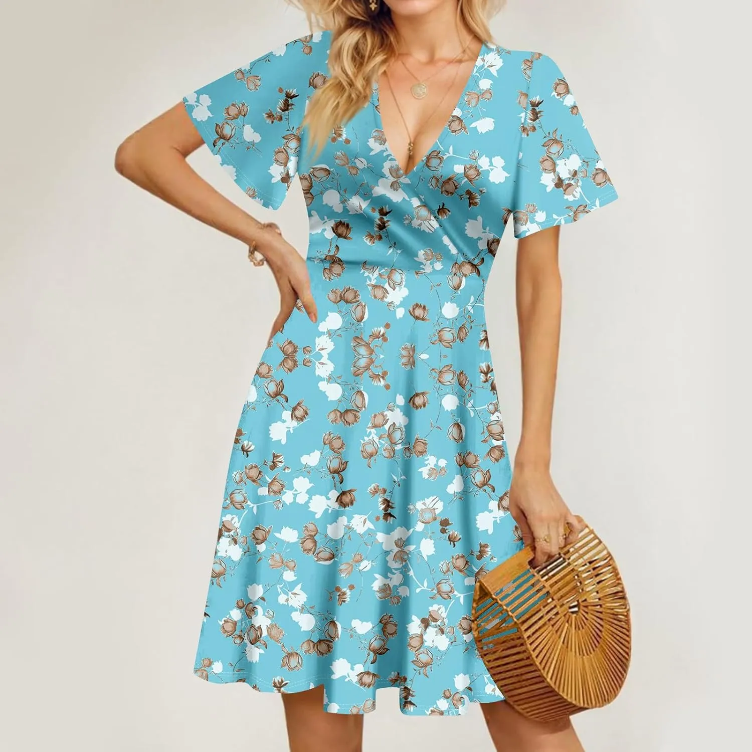 Summer Dresses for Women 2025 Short Flared Sleeve Casual Wrap Dress Sexy V Neck Floral Sundresses for Women
