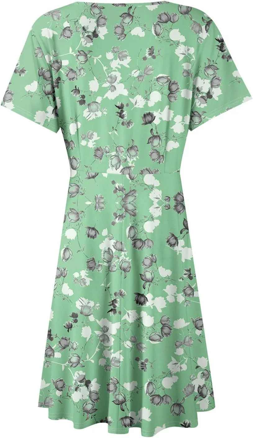 Summer Dresses for Women 2025 Short Flared Sleeve Casual Wrap Dress Sexy V Neck Floral Sundresses for Women