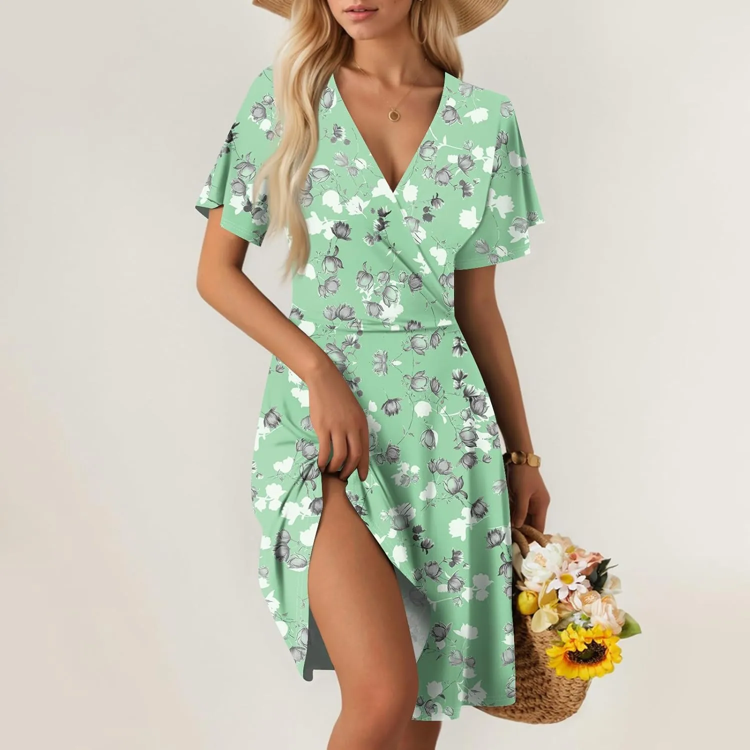 Summer Dresses for Women 2025 Short Flared Sleeve Casual Wrap Dress Sexy V Neck Floral Sundresses for Women