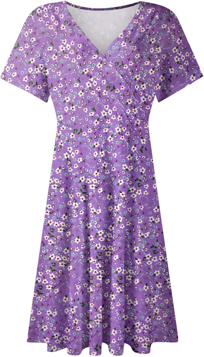 Summer Dresses for Women 2025 Short Flared Sleeve Casual Wrap Dress Sexy V Neck Floral Sundresses for Women
