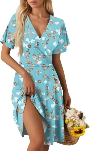 Summer Dresses for Women 2025 Short Flared Sleeve Casual Wrap Dress Sexy V Neck Floral Sundresses for Women
