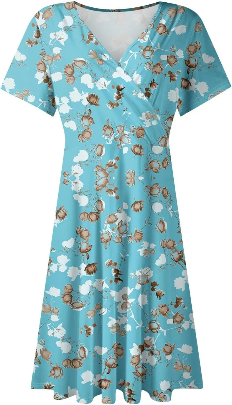 Summer Dresses for Women 2025 Short Flared Sleeve Casual Wrap Dress Sexy V Neck Floral Sundresses for Women
