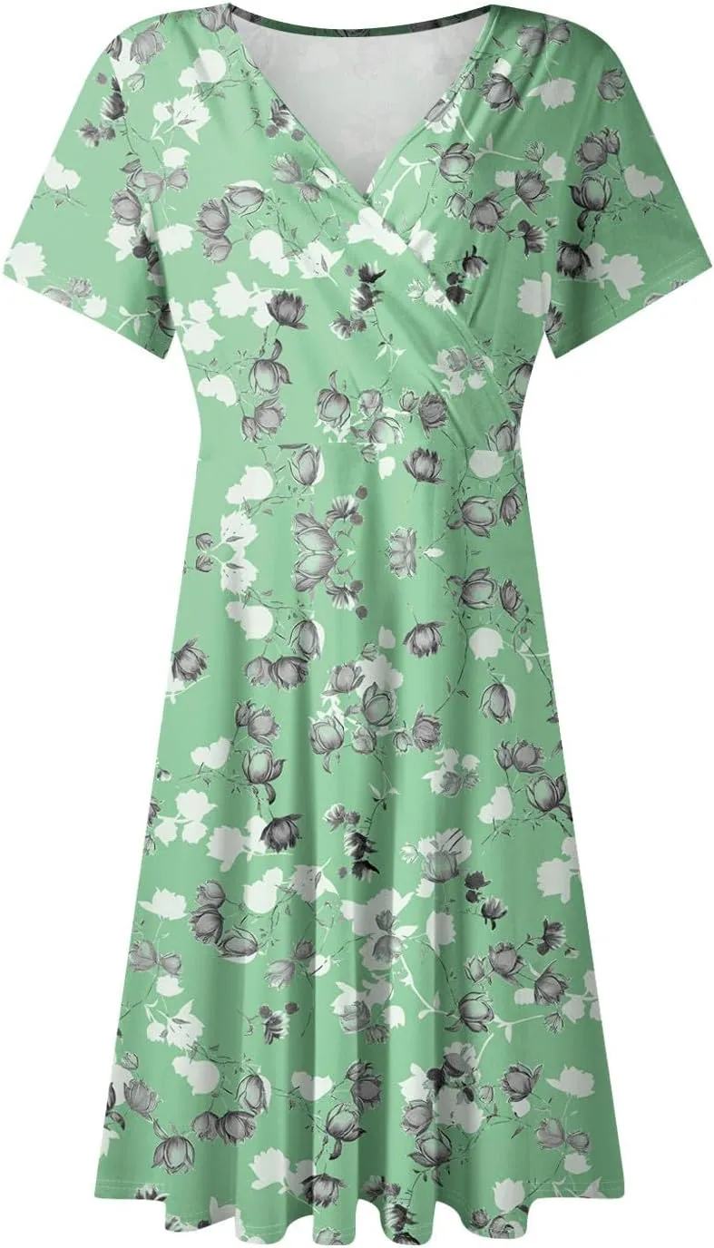 Summer Dresses for Women 2025 Short Flared Sleeve Casual Wrap Dress Sexy V Neck Floral Sundresses for Women