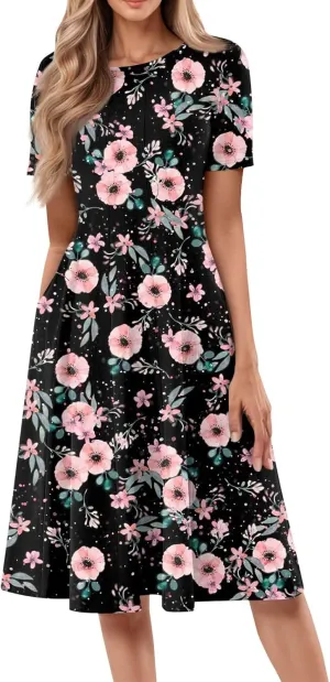 Summer Dresses for Women 2025 Short Sleeve Dresses Empire Waist Wrap Dress Business Boho Dress Midi with Pocket