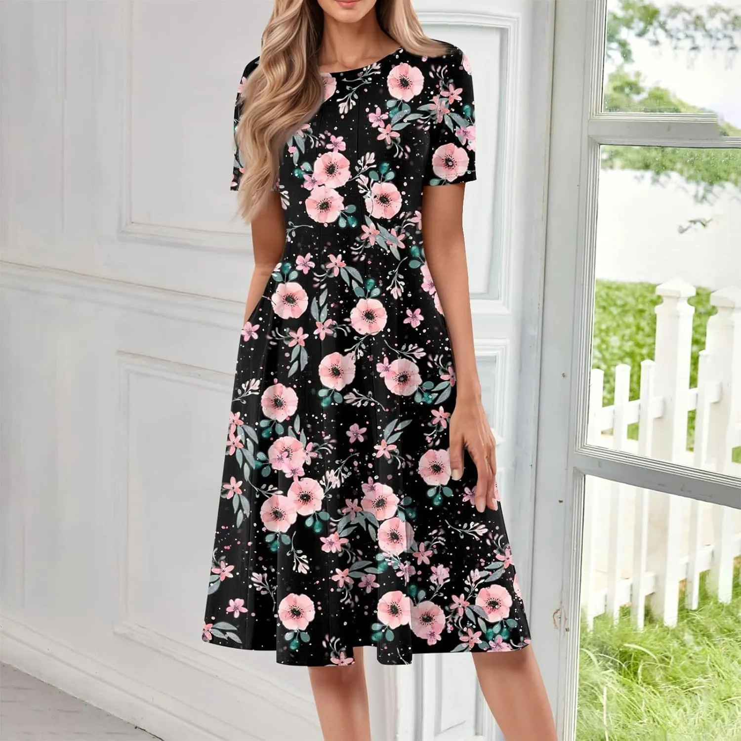 Summer Dresses for Women 2025 Short Sleeve Dresses Empire Waist Wrap Dress Business Boho Dress Midi with Pocket
