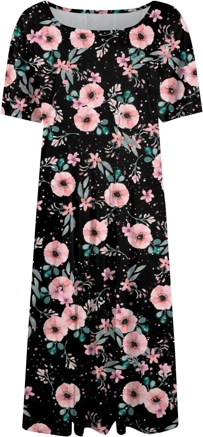 Summer Dresses for Women 2025 Short Sleeve Dresses Empire Waist Wrap Dress Business Boho Dress Midi with Pocket
