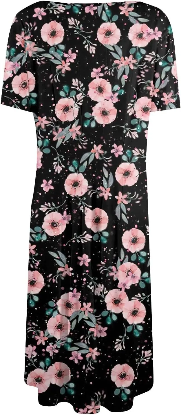 Summer Dresses for Women 2025 Short Sleeve Dresses Empire Waist Wrap Dress Business Boho Dress Midi with Pocket