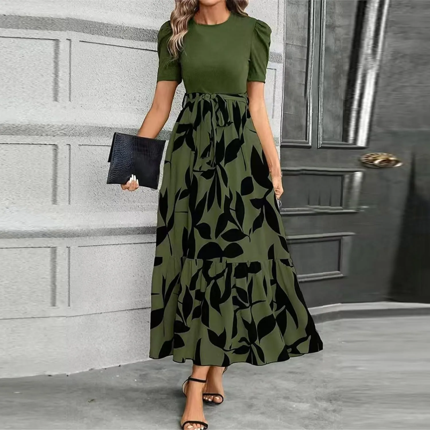 Summer Dresses for Women Floral Printrd A-Line Dress with Belt Flowy High Waist Maxi Dress Casual Elegant Long Dress