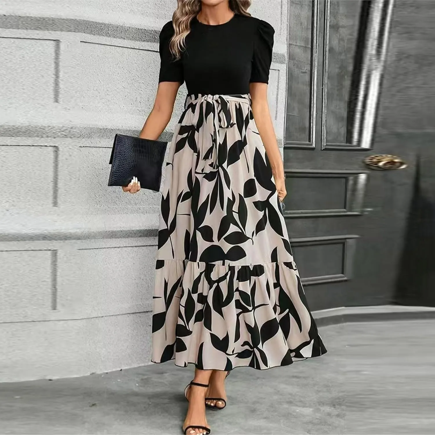 Summer Dresses for Women Floral Printrd A-Line Dress with Belt Flowy High Waist Maxi Dress Casual Elegant Long Dress