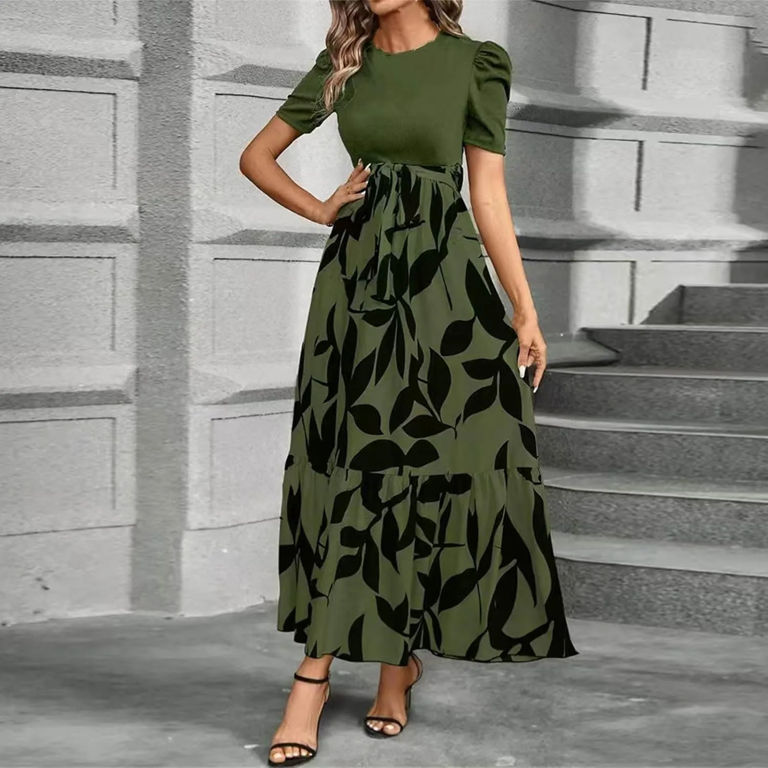 Summer Dresses for Women Floral Printrd A-Line Dress with Belt Flowy High Waist Maxi Dress Casual Elegant Long Dress
