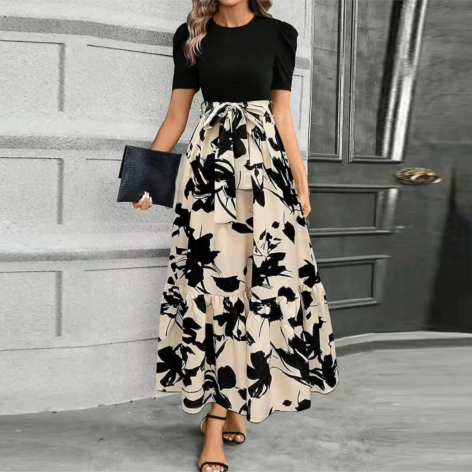 Summer Dresses for Women Floral Printrd A-Line Dress with Belt Flowy High Waist Maxi Dress Casual Elegant Long Dress