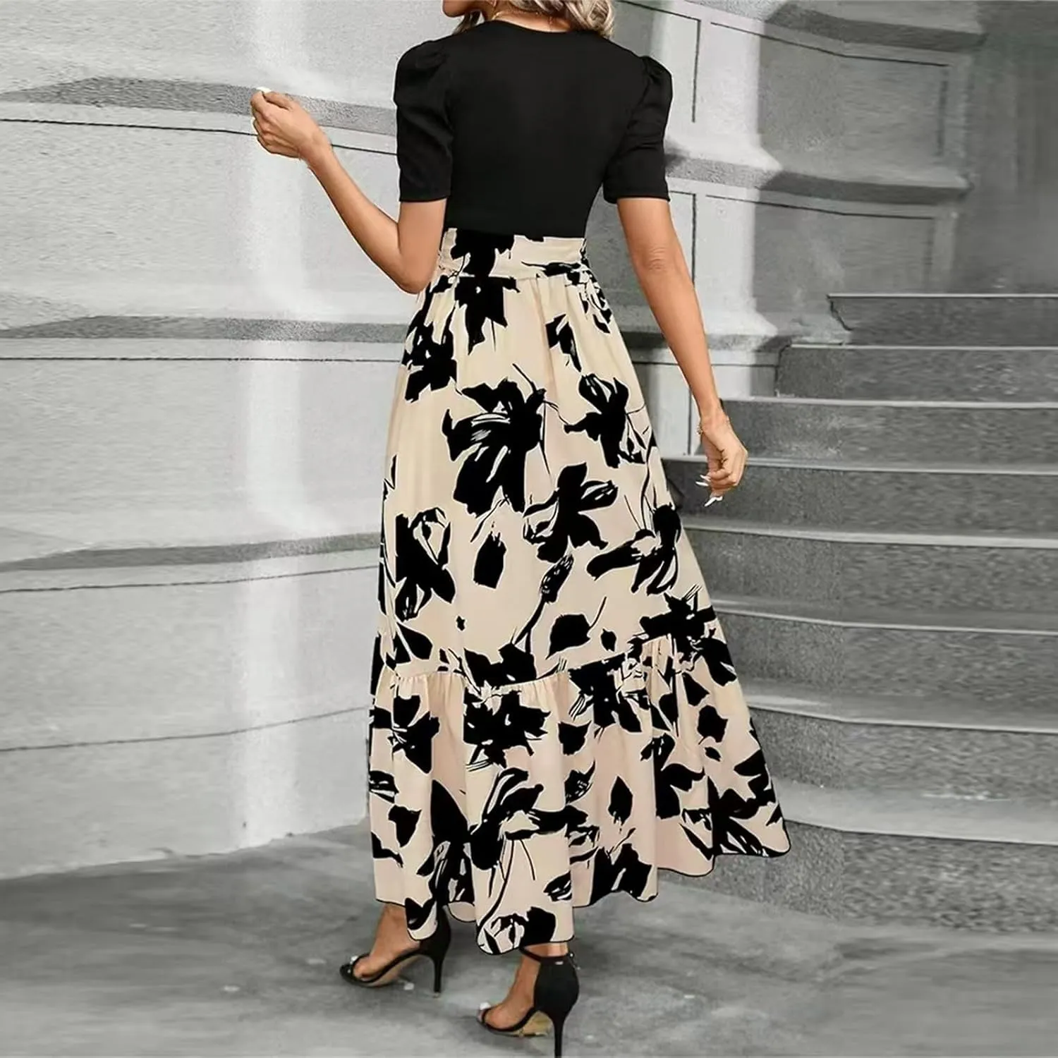 Summer Dresses for Women Floral Printrd A-Line Dress with Belt Flowy High Waist Maxi Dress Casual Elegant Long Dress