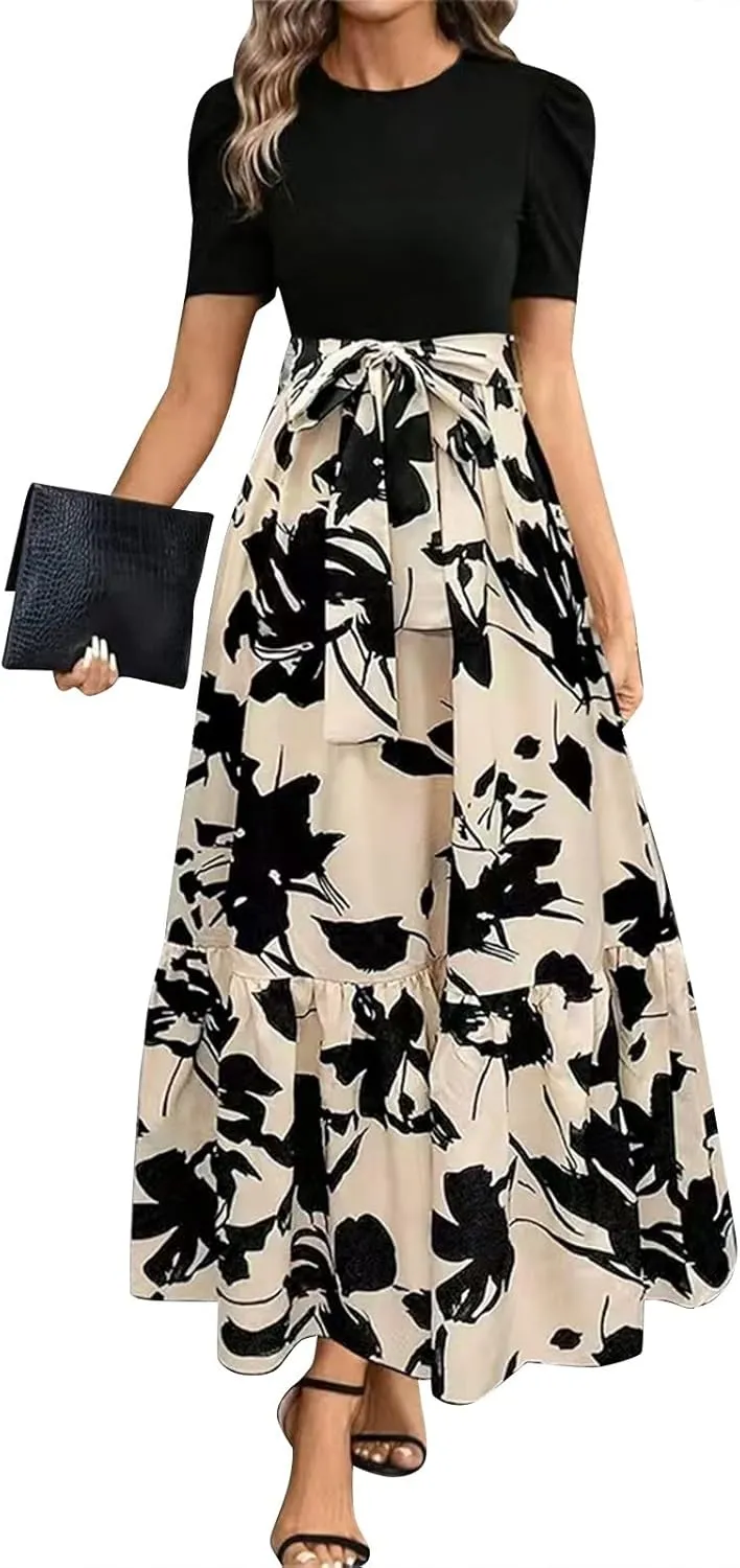 Summer Dresses for Women Floral Printrd A-Line Dress with Belt Flowy High Waist Maxi Dress Casual Elegant Long Dress