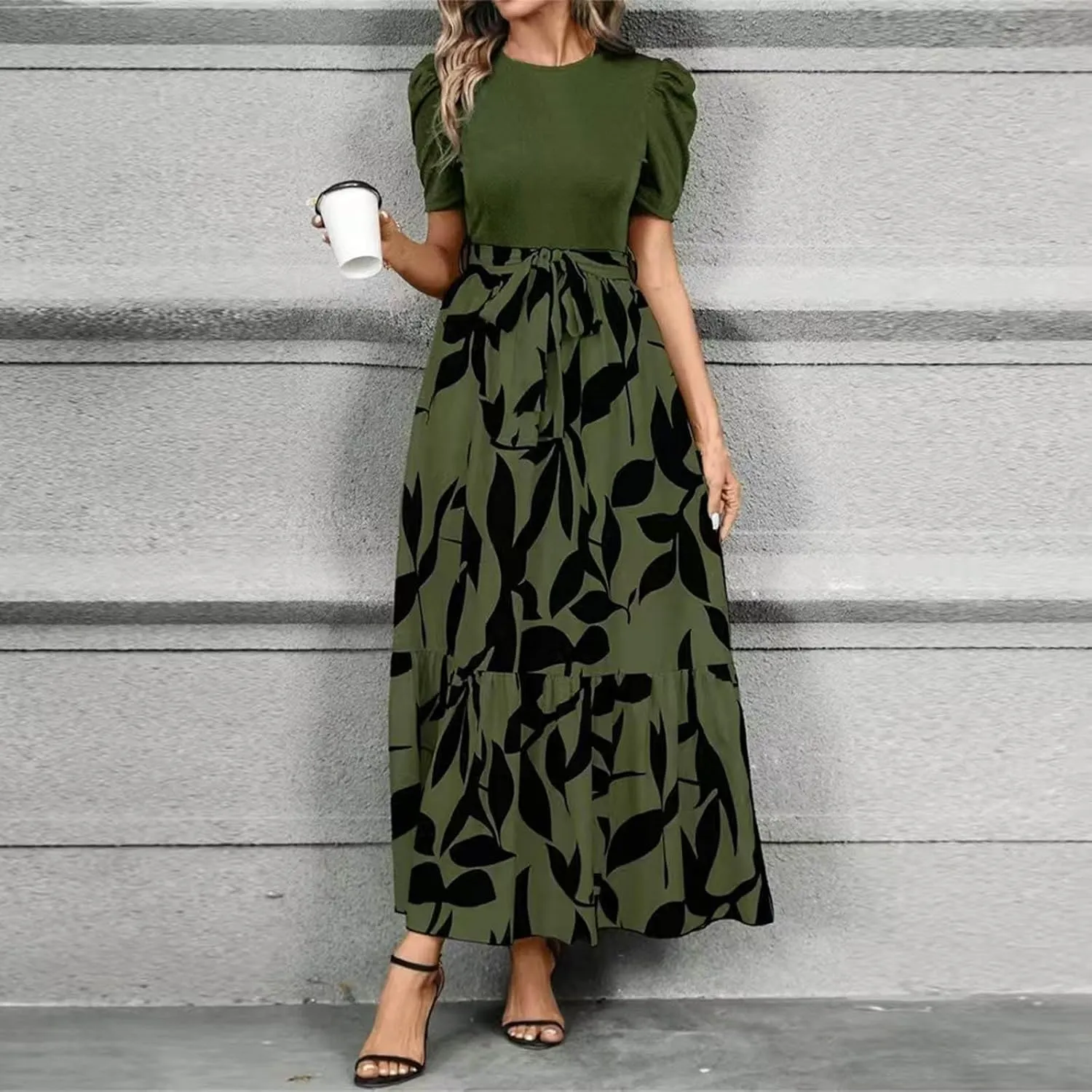 Summer Dresses for Women Floral Printrd A-Line Dress with Belt Flowy High Waist Maxi Dress Casual Elegant Long Dress