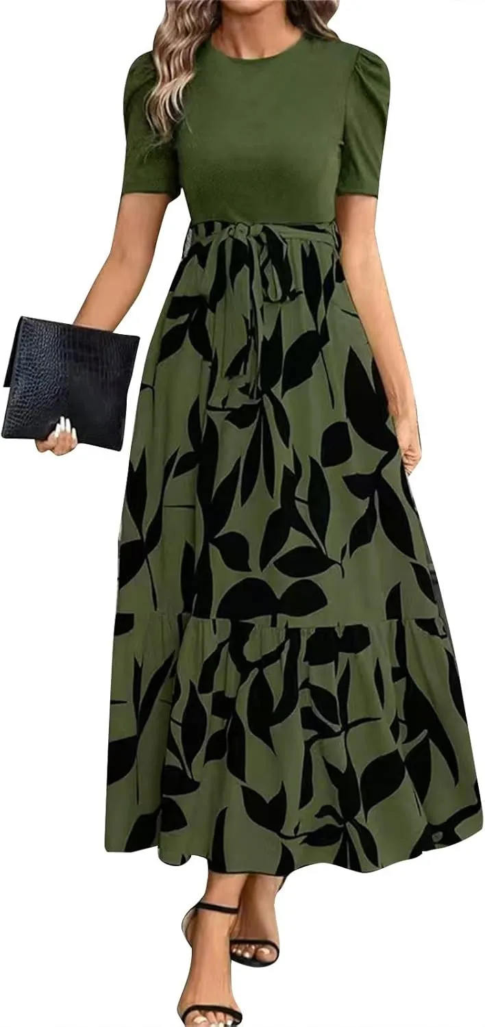 Summer Dresses for Women Floral Printrd A-Line Dress with Belt Flowy High Waist Maxi Dress Casual Elegant Long Dress