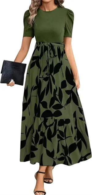 Summer Dresses for Women Floral Printrd A-Line Dress with Belt Flowy High Waist Maxi Dress Casual Elegant Long Dress