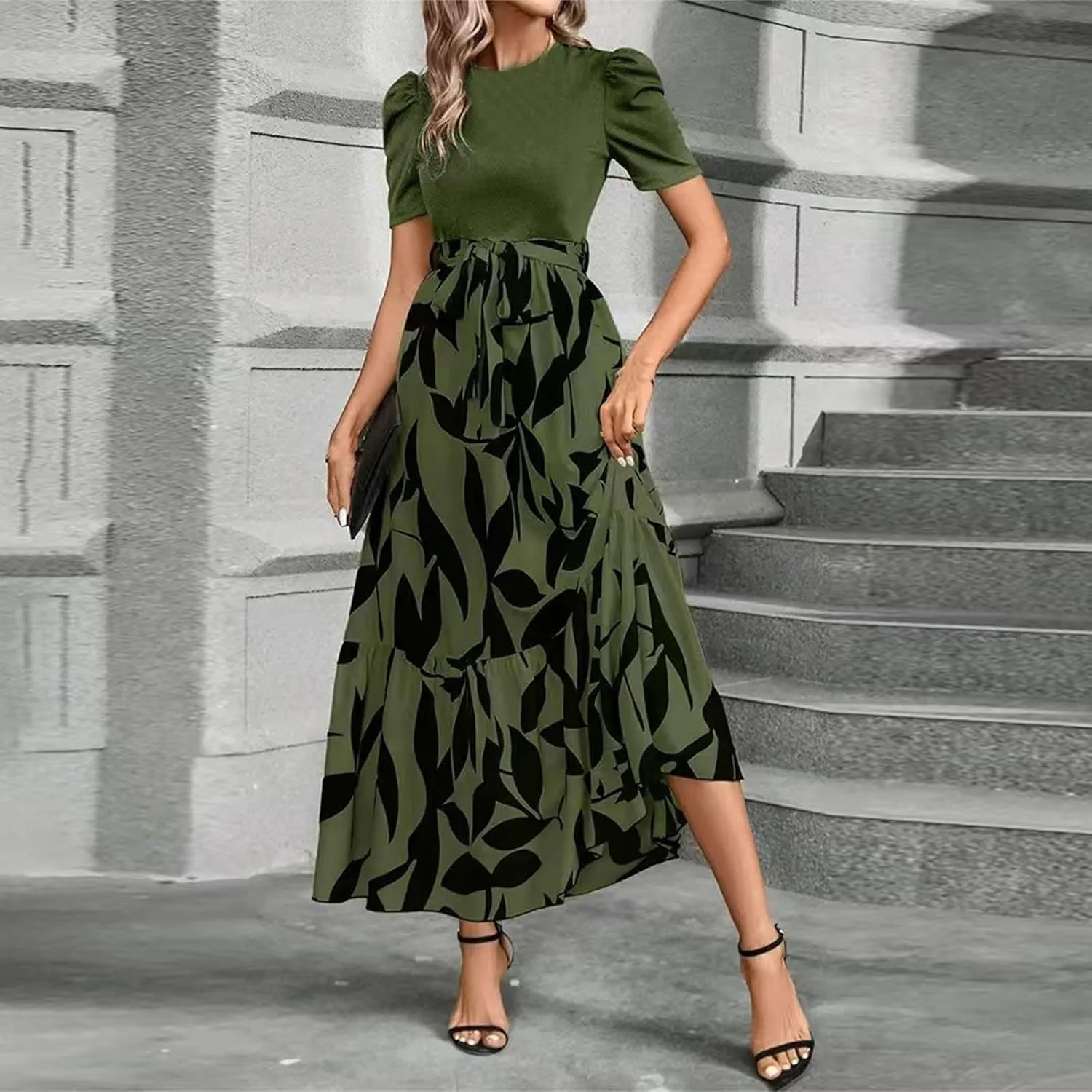 Summer Dresses for Women Floral Printrd A-Line Dress with Belt Flowy High Waist Maxi Dress Casual Elegant Long Dress