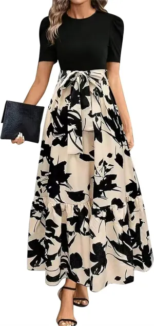 Summer Dresses for Women Floral Printrd A-Line Dress with Belt Flowy High Waist Maxi Dress Casual Elegant Long Dress