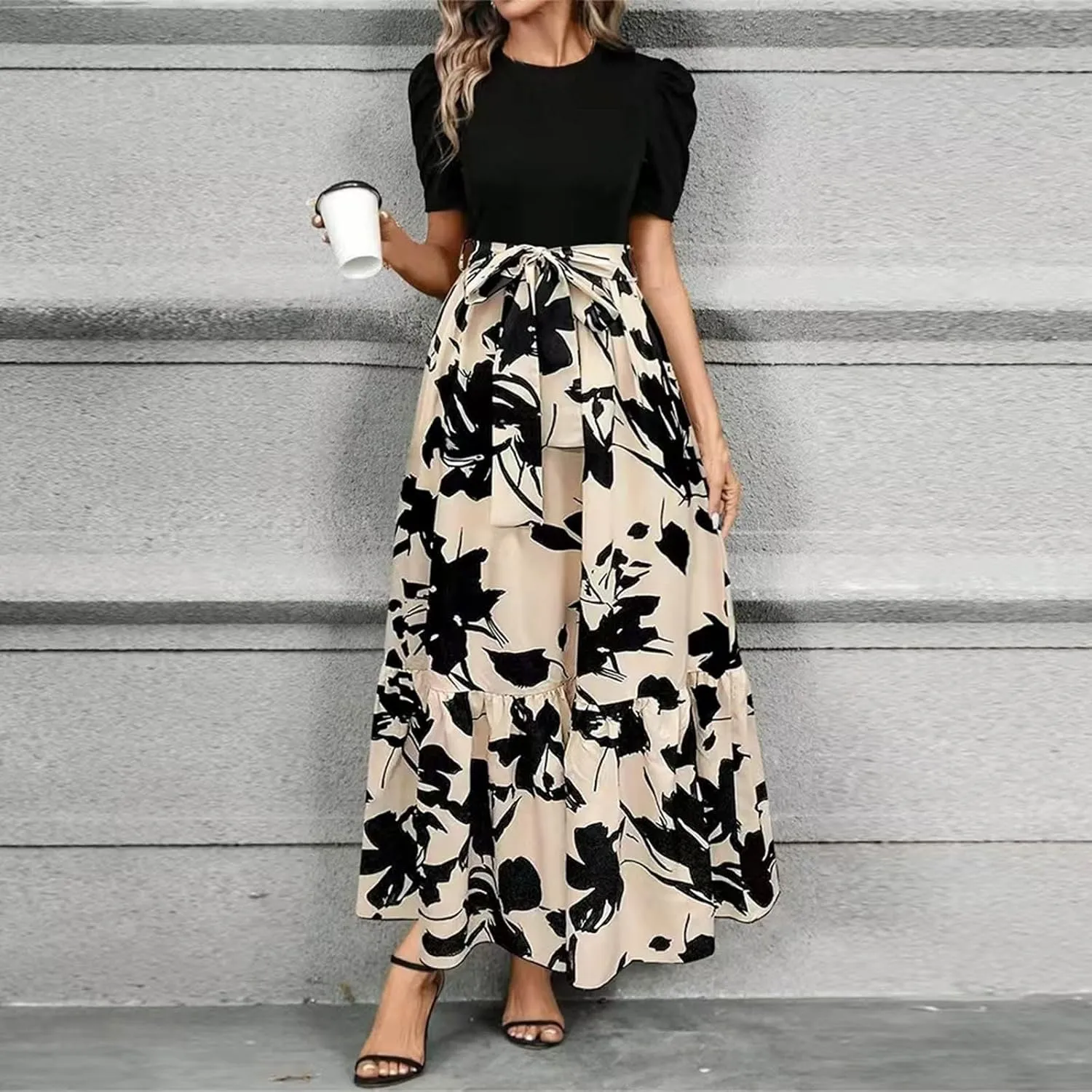 Summer Dresses for Women Floral Printrd A-Line Dress with Belt Flowy High Waist Maxi Dress Casual Elegant Long Dress