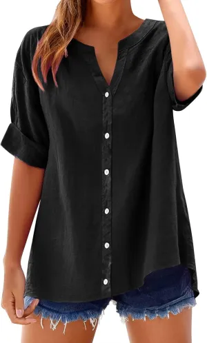 Summer Shirts for Women 2025 Linen Work Tops Trendy Button Down Henley V Neck Shirt Solid Casual Blouses Daily Clothes