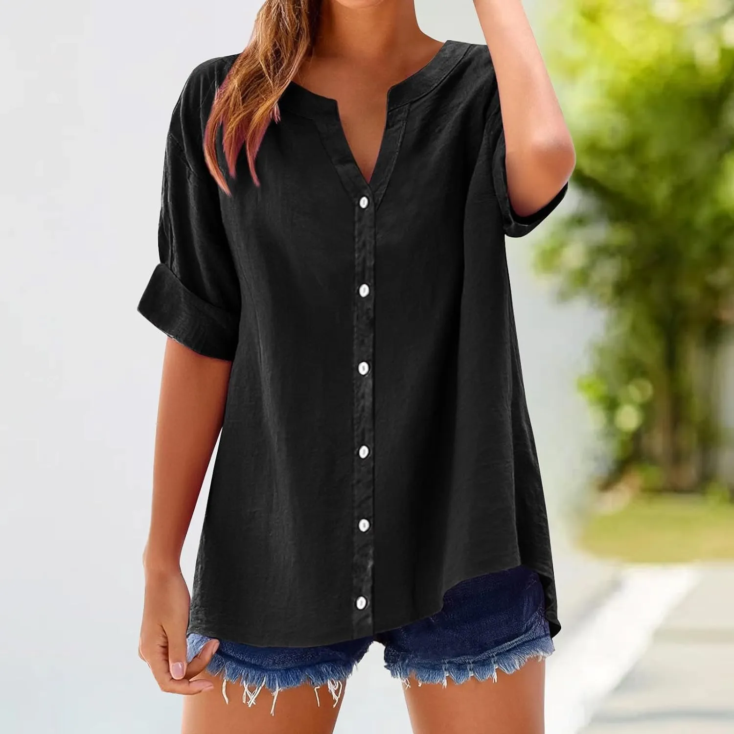 Summer Shirts for Women 2025 Linen Work Tops Trendy Button Down Henley V Neck Shirt Solid Casual Blouses Daily Clothes