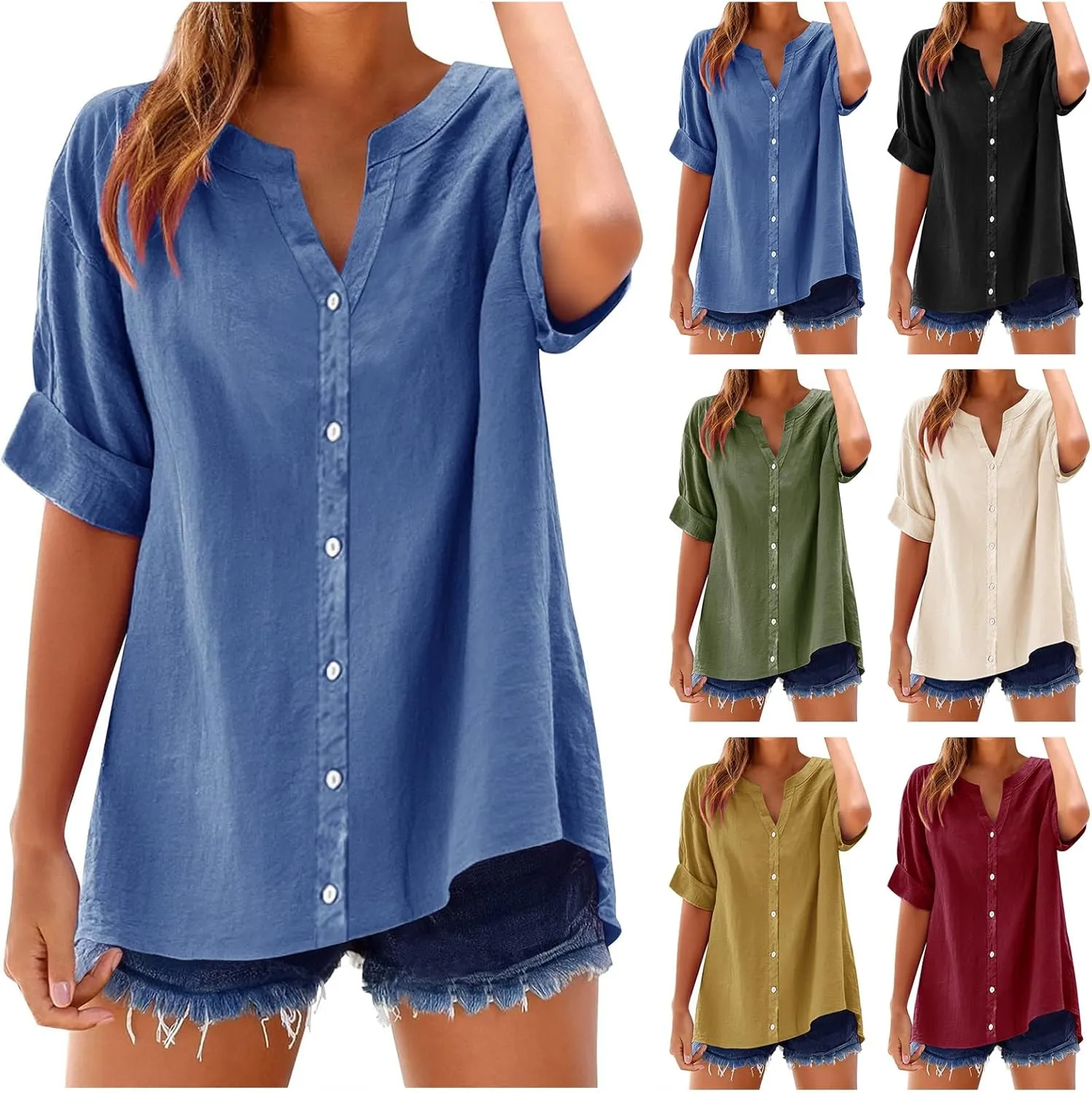 Summer Shirts for Women 2025 Linen Work Tops Trendy Button Down Henley V Neck Shirt Solid Casual Blouses Daily Clothes
