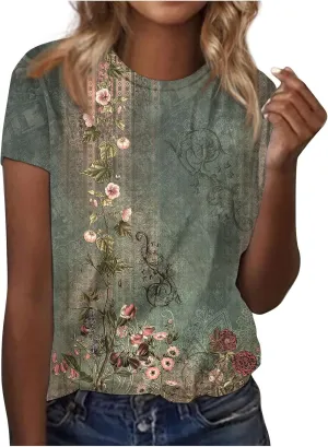Summer Tops for Women 2025 Casual T-Shirts Shirts Graphic Tee Short Sleeve Top Floral Print Loose Top