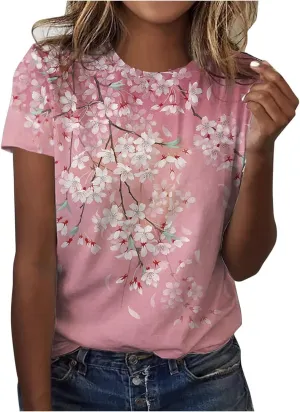 Summer Tops for Women 2025 Casual T-Shirts Shirts Graphic Tee Short Sleeve Top Floral Print Loose Top
