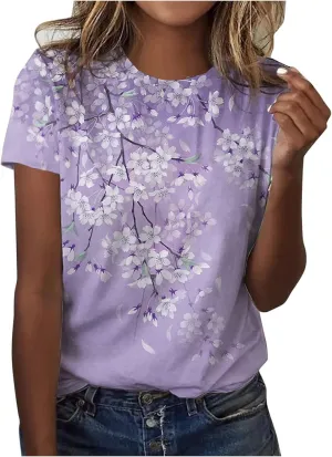 Summer Tops for Women 2025 Casual T-Shirts Shirts Graphic Tee Short Sleeve Top Floral Print Loose Top