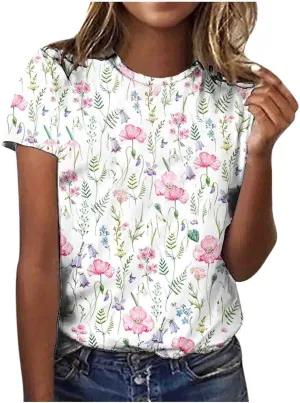 Summer Tops for Women 2025 Casual T-Shirts Shirts Graphic Tee Short Sleeve Top Floral Print Loose Top