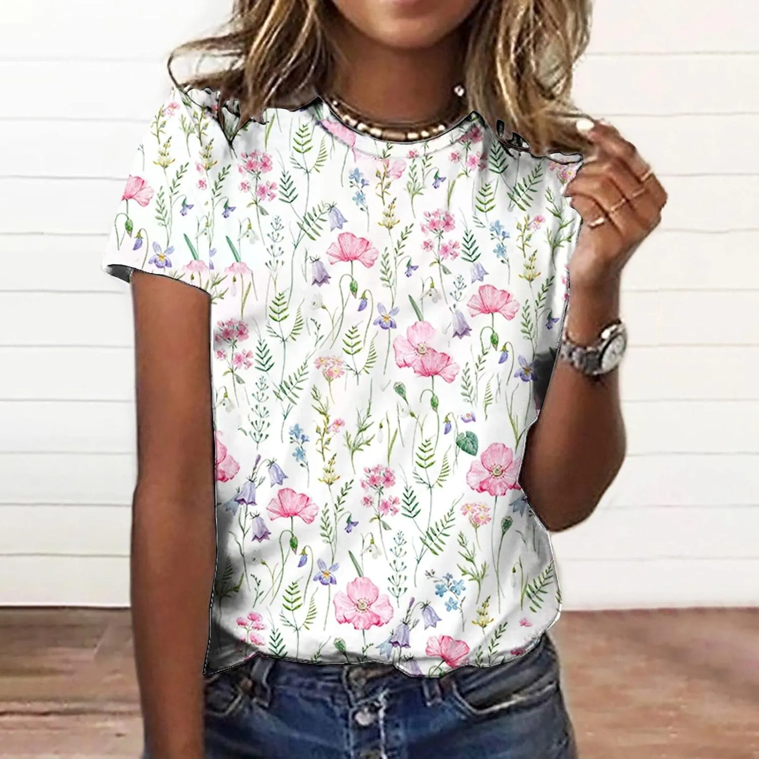 Summer Tops for Women 2025 Casual T-Shirts Shirts Graphic Tee Short Sleeve Top Floral Print Loose Top