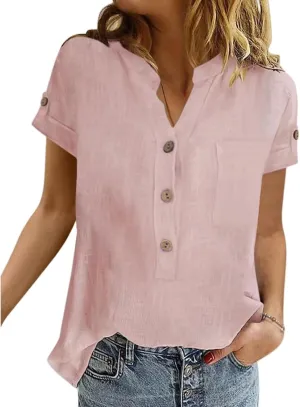 Summer Tops for Women Casual Button Down Linen Tops Fashion V Neck Short Sleeve Shirts Loose Fit Office Work Tees Shirt