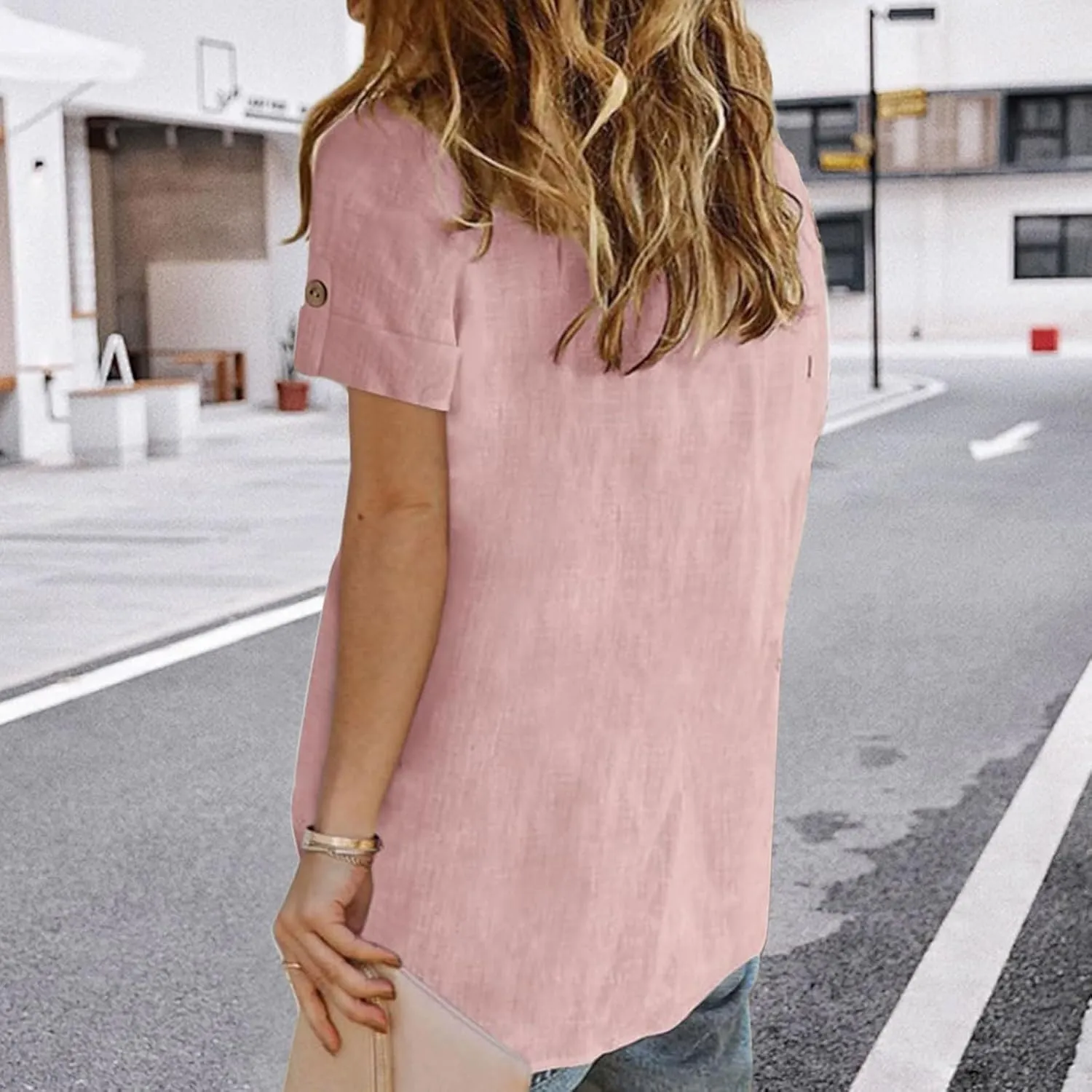 Summer Tops for Women Casual Button Down Linen Tops Fashion V Neck Short Sleeve Shirts Loose Fit Office Work Tees Shirt