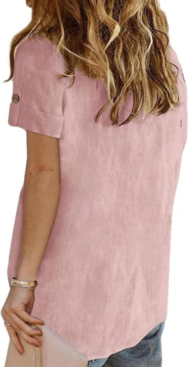 Summer Tops for Women Casual Button Down Linen Tops Fashion V Neck Short Sleeve Shirts Loose Fit Office Work Tees Shirt