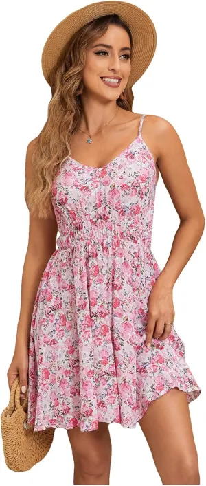 SweatyRocks Women's Boho Floral Print Spaghetti Strap Cami Dress Casual Flare Short Dresses