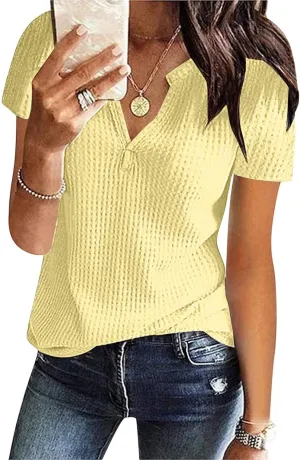 T Shirts for Women Fashion Waffle Short Sleeve V Neck Henley Shirts Casual Loose Fit T-Shirts Basic Tee Summer Tops