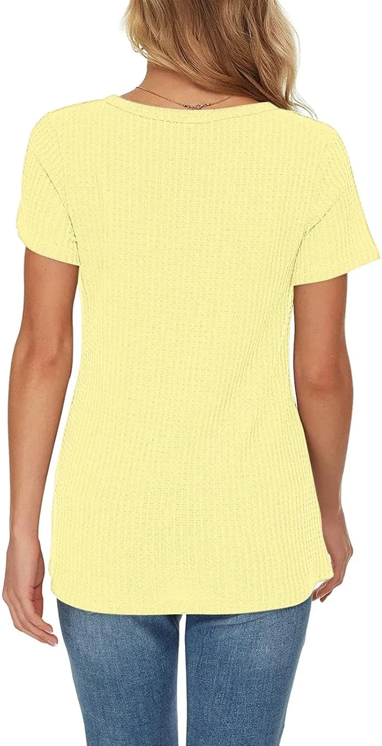 T Shirts for Women Fashion Waffle Short Sleeve V Neck Henley Shirts Casual Loose Fit T-Shirts Basic Tee Summer Tops