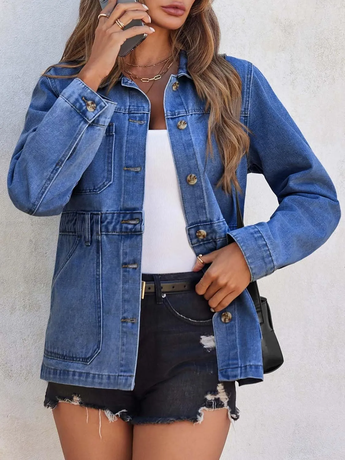 Tankaneo Womens Oversized Denim Jacket Distressed Button Down Boyfriend Jean Jackets 2025 Trendy Shacket