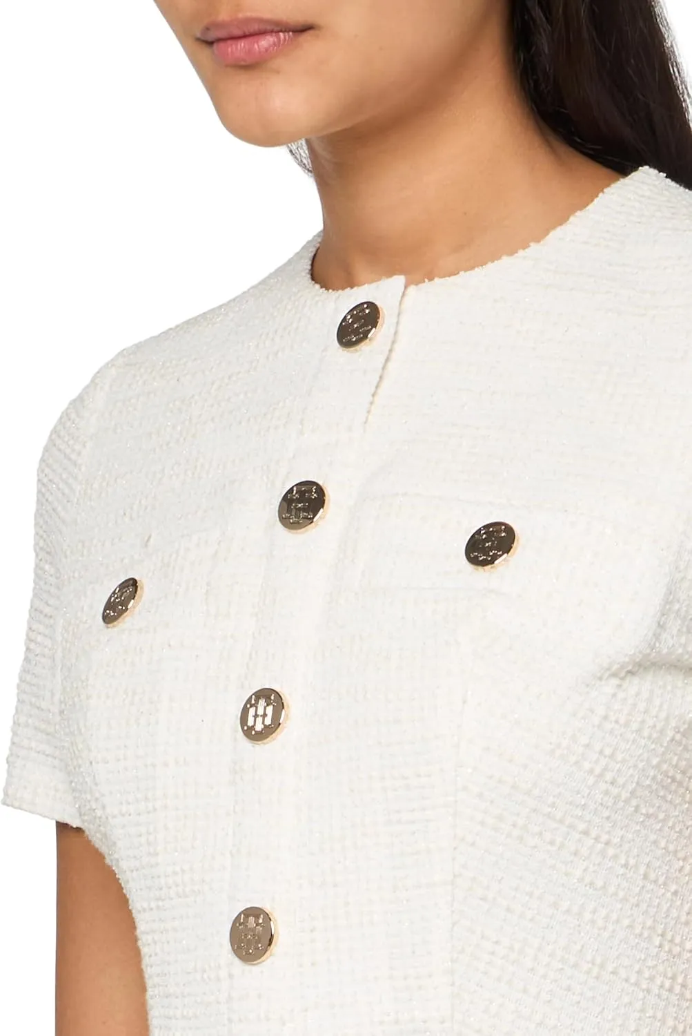 Tommy Hilfiger Women's Sparkle Boucle Knit Button Front Fit and Flare Shirtdress Dress