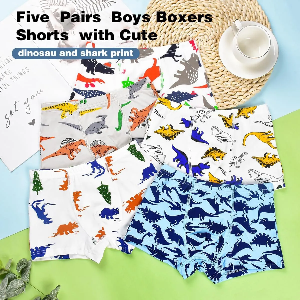 Tphon Boys Boxer Briefs, Toddler Kids Soft Cotton Underwear 5 Pairs Little Big Boy Dinosaur Shark Shorts Set