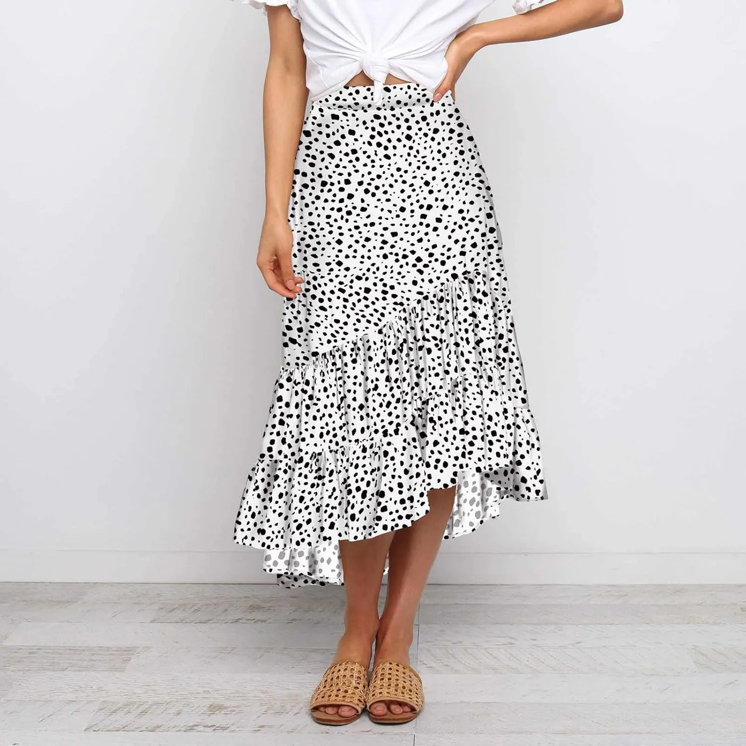 tuduoms Summer Womens Boho Beach Skirts Cute High Waist Disty Floral Flowy Skirts A-Line Tiered Ruffle High Low Swing Skirts