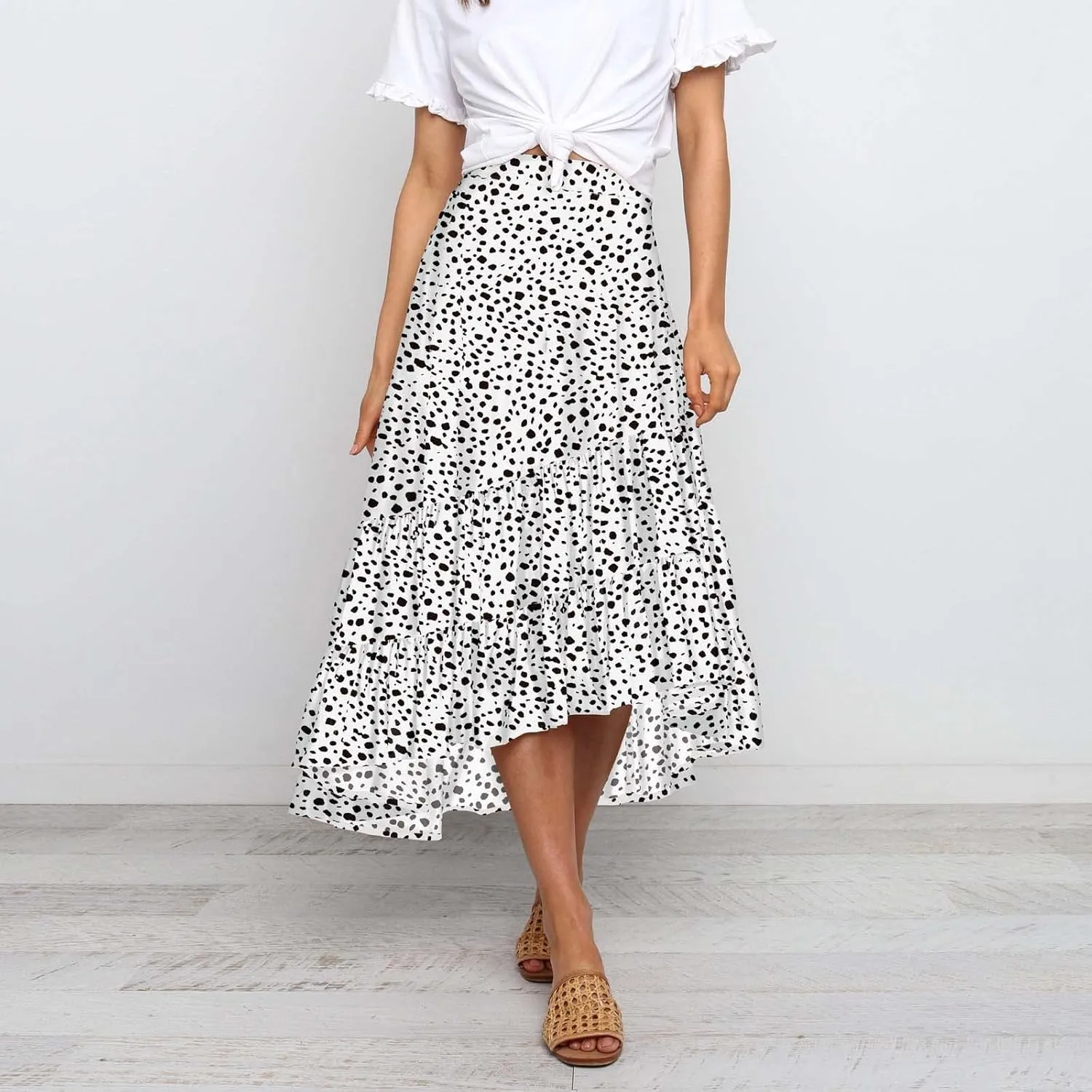 tuduoms Summer Womens Boho Beach Skirts Cute High Waist Disty Floral Flowy Skirts A-Line Tiered Ruffle High Low Swing Skirts