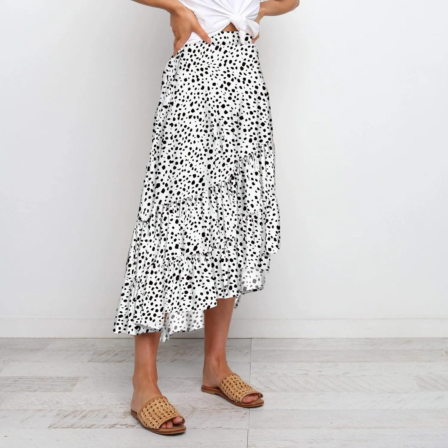tuduoms Summer Womens Boho Beach Skirts Cute High Waist Disty Floral Flowy Skirts A-Line Tiered Ruffle High Low Swing Skirts