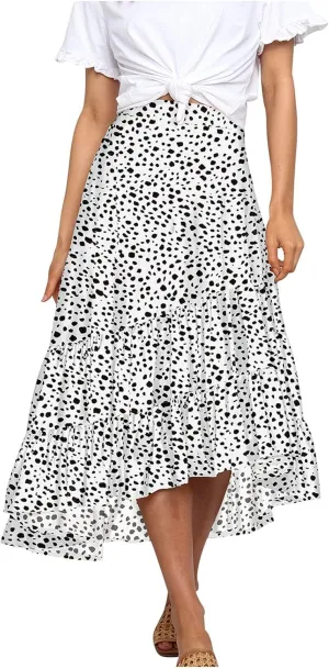 tuduoms Summer Womens Boho Beach Skirts Cute High Waist Disty Floral Flowy Skirts A-Line Tiered Ruffle High Low Swing Skirts